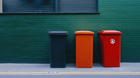 A recycling bin and rubbish bin side by side in an urban setting, with room above for adding text.の素材