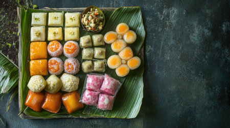 A selection of traditional Thai sweets arranged on a banana leaf, with plenty of open space around for text placement.の素材