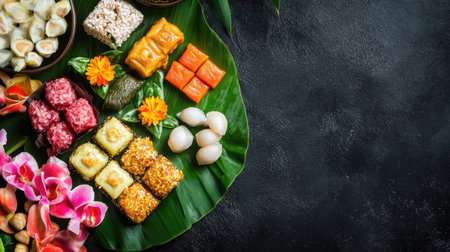 A selection of traditional Thai sweets arranged on a banana leaf, with plenty of open space around for text placement.の素材