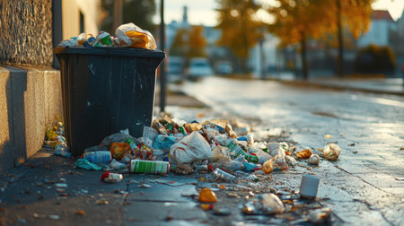 A rubbish bin overflowing with garbage in a public space, with room in the background for text.の素材