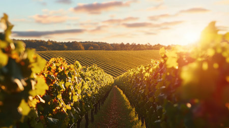 A scenic view of a vineyard during harvest season with grapevines stretching into the distance and space in the sky for text.の素材