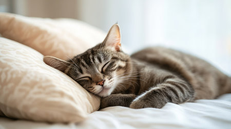 A sick cat resting on a soft bed with a supportive pillow, surrounded by a soft-focus background for text placement.の素材