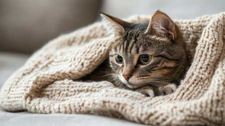 A sick cat curled up on a cozy blanket with a sad expression, set against a clean background with space for text. -の素材