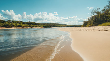A sandy beach stretching along a gentle river, with a clean background of sky and water for text placement.の素材