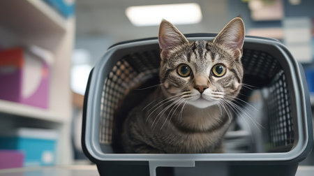 A sick cat in a pet carrier at the vet office, with a blurred background offering plenty of room for adding text.の素材