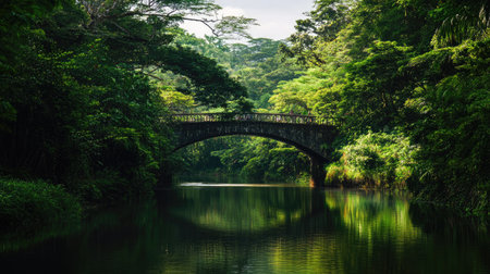 A scenic view of a bridge and river surrounded by lush greenery, with open sky space for text or copy.の素材
