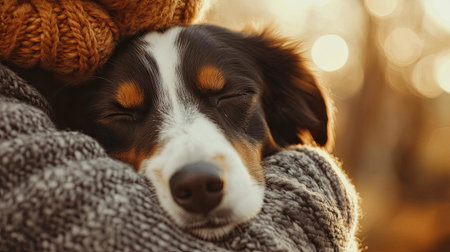 A sick dog being gently held by its owner with a clear, soft-focus background for adding text or copy.の素材