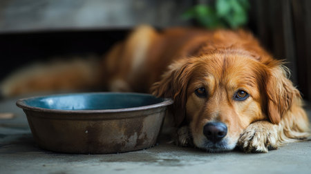 A sick dog resting near its water bowl with a clean background, providing large areas for adding text or copy.の素材
