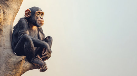 A sick monkey sitting quietly in a tree with a neutral background, providing plenty of room for text placement.の素材