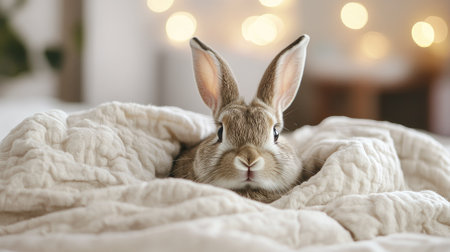 A sick rabbit lying in a cozy bed with a sad expression, surrounded by a clean, soft-focus background offering ample space for text.の素材