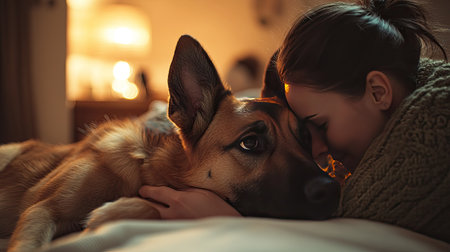 A sick dog being comforted by its owner in a softly lit room, with a clear space around the scene for adding text.の素材