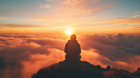 A silhouette of a person watching the sunrise from a scenic viewpoint, with a large open sky for adding textの素材