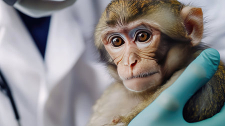 A sick monkey being monitored by a veterinarian, with a large area of clear background for text or copy.の素材