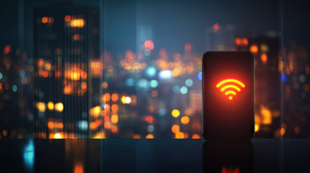 A smartphone displaying a signal strength icon with a blurred cityscape in the background, leaving space for adding text.の素材