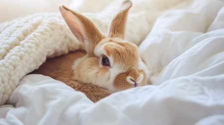 A sick rabbit lying in a cozy bed with a sad expression, surrounded by a clean, soft-focus background offering ample space for text.の素材