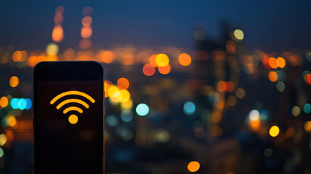 A smartphone displaying a signal strength icon with a blurred cityscape in the background, leaving space for adding text.の素材