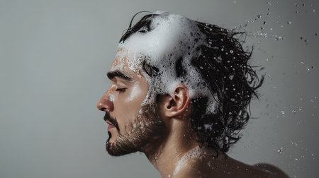 A side view of a man in the shower, shampoo foam in his hair, with a clean, unobtrusive background for text placement.の素材