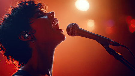 A singer with a passionate expression during a live performance, with a large area of soft-focus background for text placement.の素材