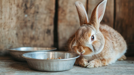 A sick rabbit resting near its food and water bowls with a clean, unobtrusive background, providing ample space for text or copy.の素材