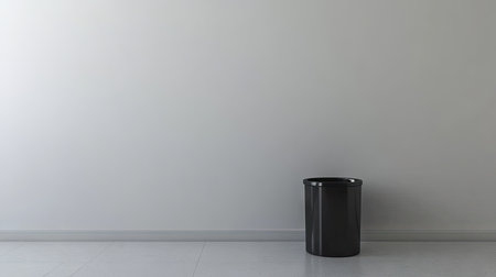 A small rubbish bin under a desk in a minimalist office, with open floor space for text.の素材