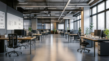 A spacious, open-plan office with desks and chairs arranged neatly, with ample space for text on the walls.の素材