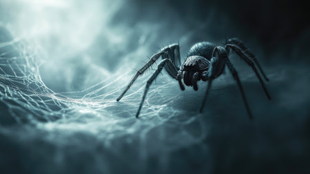 A spider crawling on a cobweb in a dimly lit corner, with ample space in the background for text or copy.の素材