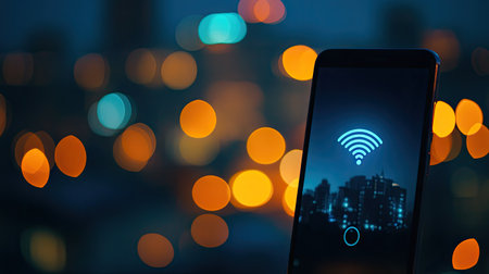 A smartphone displaying a signal strength icon with a blurred cityscape in the background, leaving space for adding text.の素材