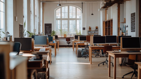 A spacious, open-plan office with desks and chairs arranged neatly, with ample space for text on the walls.の素材