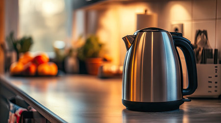 A sleek, modern kettle on a kitchen counter with a blurred background, providing ample space for adding text.の素材