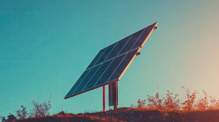 A single solar panel against a bright, clear sky, providing ample room for adding text or copy.の素材