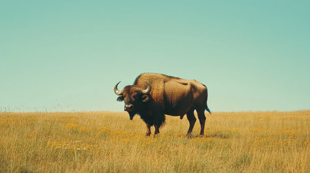 A solitary buffalo in a serene pasture with a clear sky above, offering ample space for text or copy.の素材