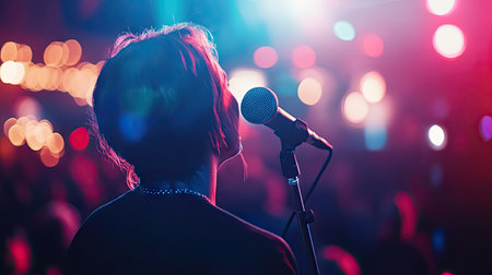 A singer performing on stage with a microphone, surrounded by stage lights and a blurred crowd, with ample space for text above.の素材