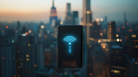 A smartphone displaying a signal strength icon with a blurred cityscape in the background, leaving space for adding text.の素材