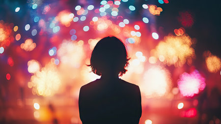 A silhouette of a person watching fireworks, with a vibrant display in the background and room for text above.の素材