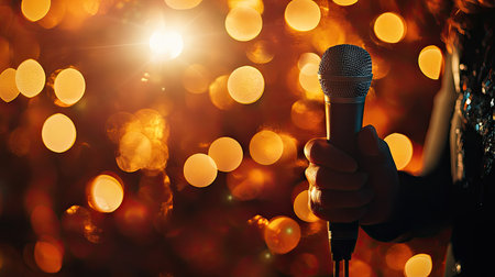 A solo singer holding a microphone, with a spotlight on them and a blurred background providing ample space for adding text.の素材