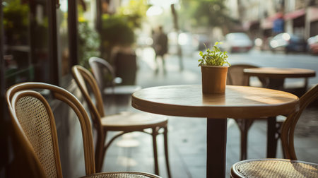 A small caf table with chairs, empty but inviting, with a blurred street background for text.の素材
