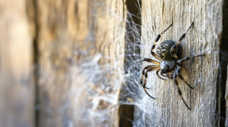 A spider on a cobweb in the corner of a rustic barn, with a large area of background space for text or copy.の素材