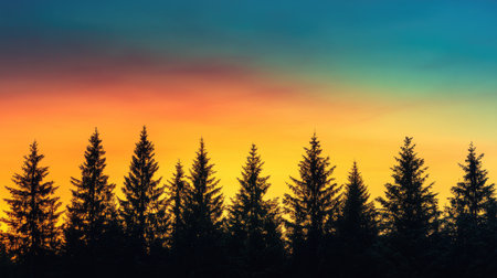 A silhouette of trees against a vibrant sunset, with clear sky space above for text placement. -の素材