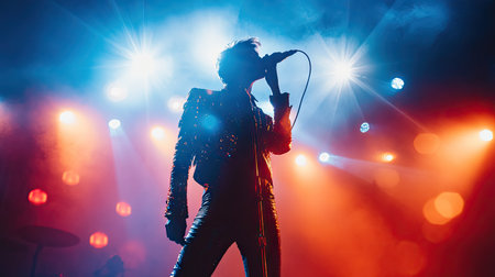 A singer in a stylish outfit performing on stage, with bright stage lights and a large area of the background for text or copy.の素材