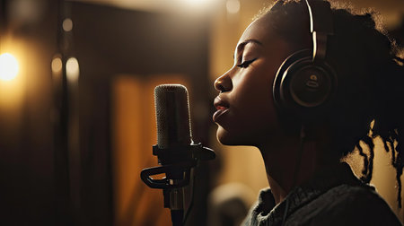 A singer in a recording studio wearing headphones, with a soft-focus background and clear space around for text placement.の素材