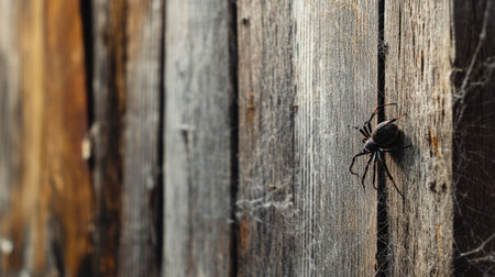 A spider on a cobweb in the corner of a rustic barn, with a large area of background space for text or copy.の素材