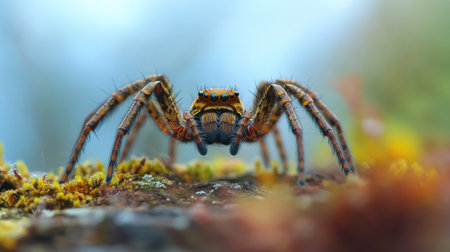 A spider in a natural habitat with a blurred background, providing plenty of space around for adding text.の素材