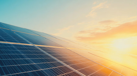 A single solar panel against a bright, clear sky, providing ample room for adding text or copy.の素材