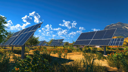 A solar panel installation in a solar farm with an open sky above for adding text or copy.の素材