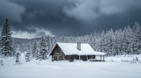 A snow-covered cabin surrounded by a snowstorm, with a large area of stormy sky above for text placement.の素材
