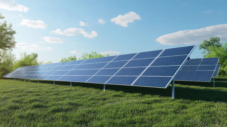 A solar panel array in a sunny field, with open space in the sky for text placement.の素材