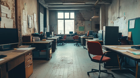 A spacious, open-plan office with desks and chairs arranged neatly, with ample space for text on the walls.の素材