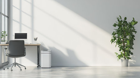 A small rubbish bin under a desk in a minimalist office, with open floor space for text.の素材