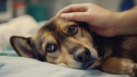 A sick dog at the vet office with a gentle hand petting it, surrounded by a soft-focus background for adding text.の素材