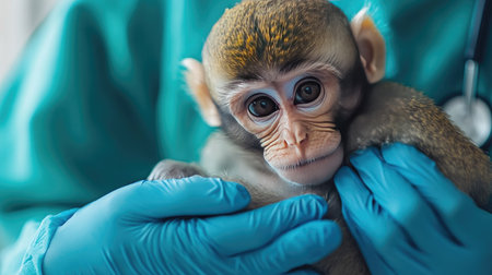 A sick monkey being monitored by a veterinarian, with a large area of clear background for text or copy.の素材